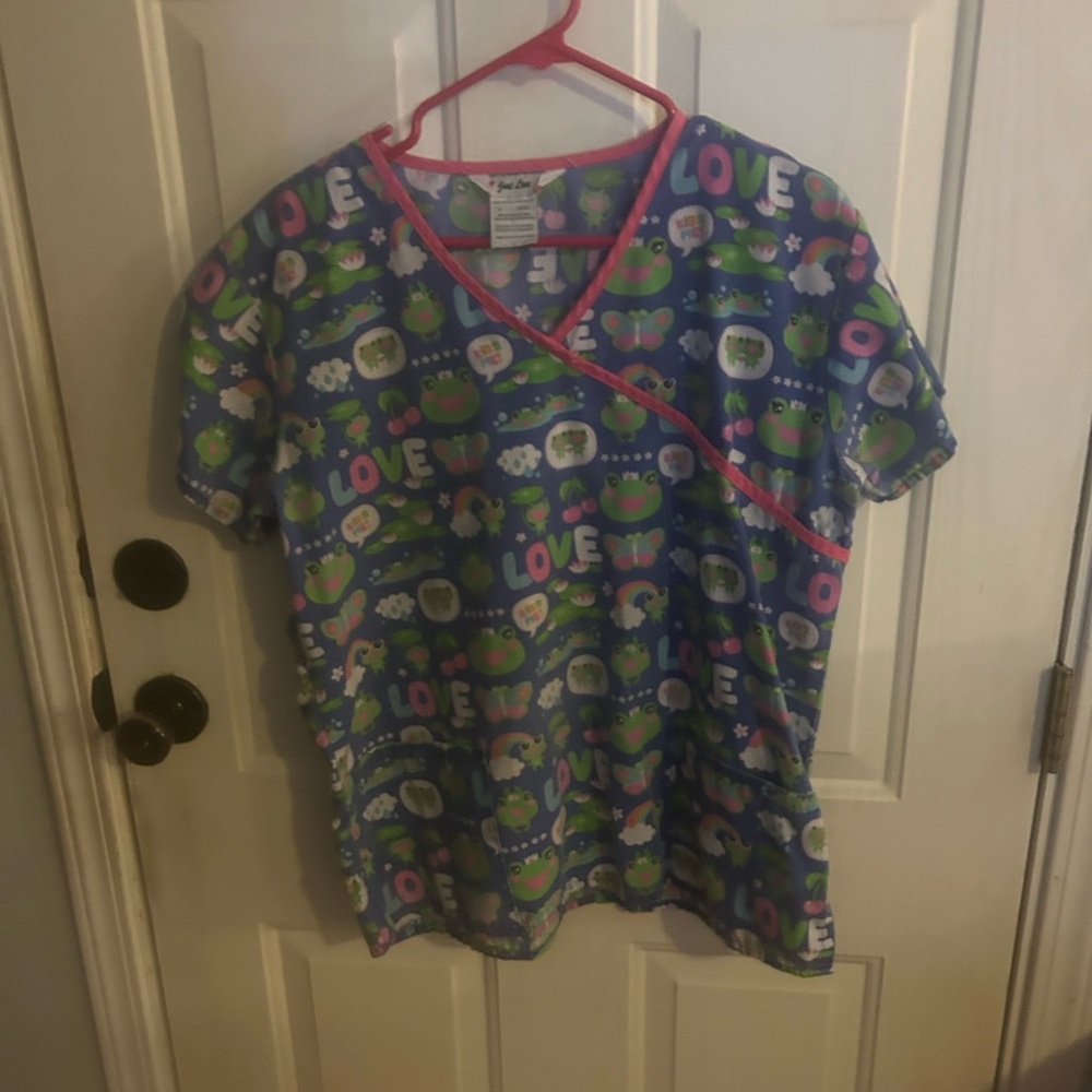 Just Love Blue Frog Print Kids Pajama Top with Pink Trim